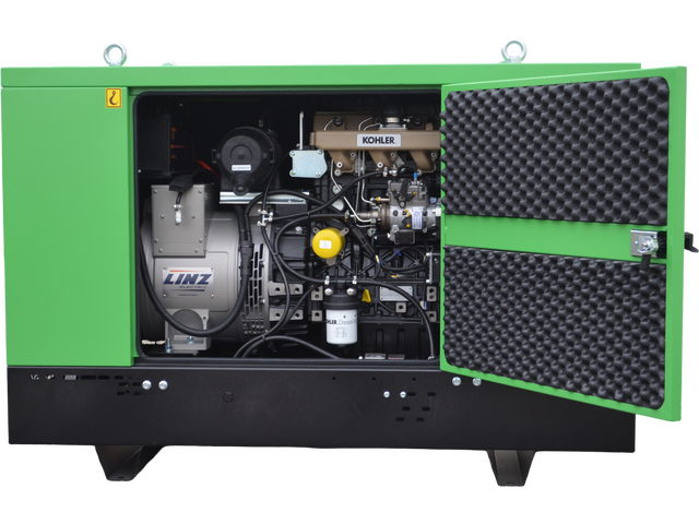 Stromerzeuger Diesel 20kVA 230V 50Hz, 1500 U/Min
Dieselmotor KOHLER KDI 1903 M(Stage V), Elektrostart, 50 Liter Tank
Synchrongenerator 4 Pole Bürstenlos mit AVR Regelung
Schallverhaubung
Steuerung Comap AMF 25 (digitale Anzeige für Spannung, Strom, Frequenz, Tankinhalt)
Not Aus Schalter
Batterieladegerät inkl. externen Geräteanbaustecker
Betriebswahlschaltung IT/TN (Feld/ Haus) 1xCEE 400V 32A, 1xCEE 400V 16A, 1xCEE 230V 16A, 1xSchuko
